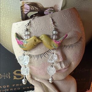 Colorful clay Bird Earrings with quartz Crystal Accents